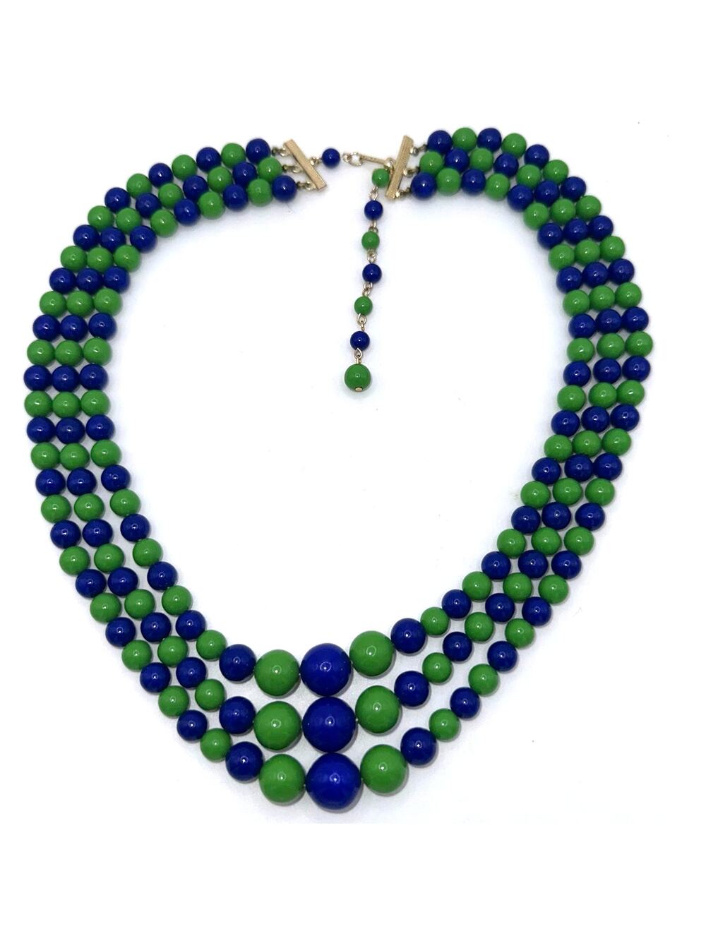 Japan vintage 3 triple strand blue green lucite beads beaded graduated necklace